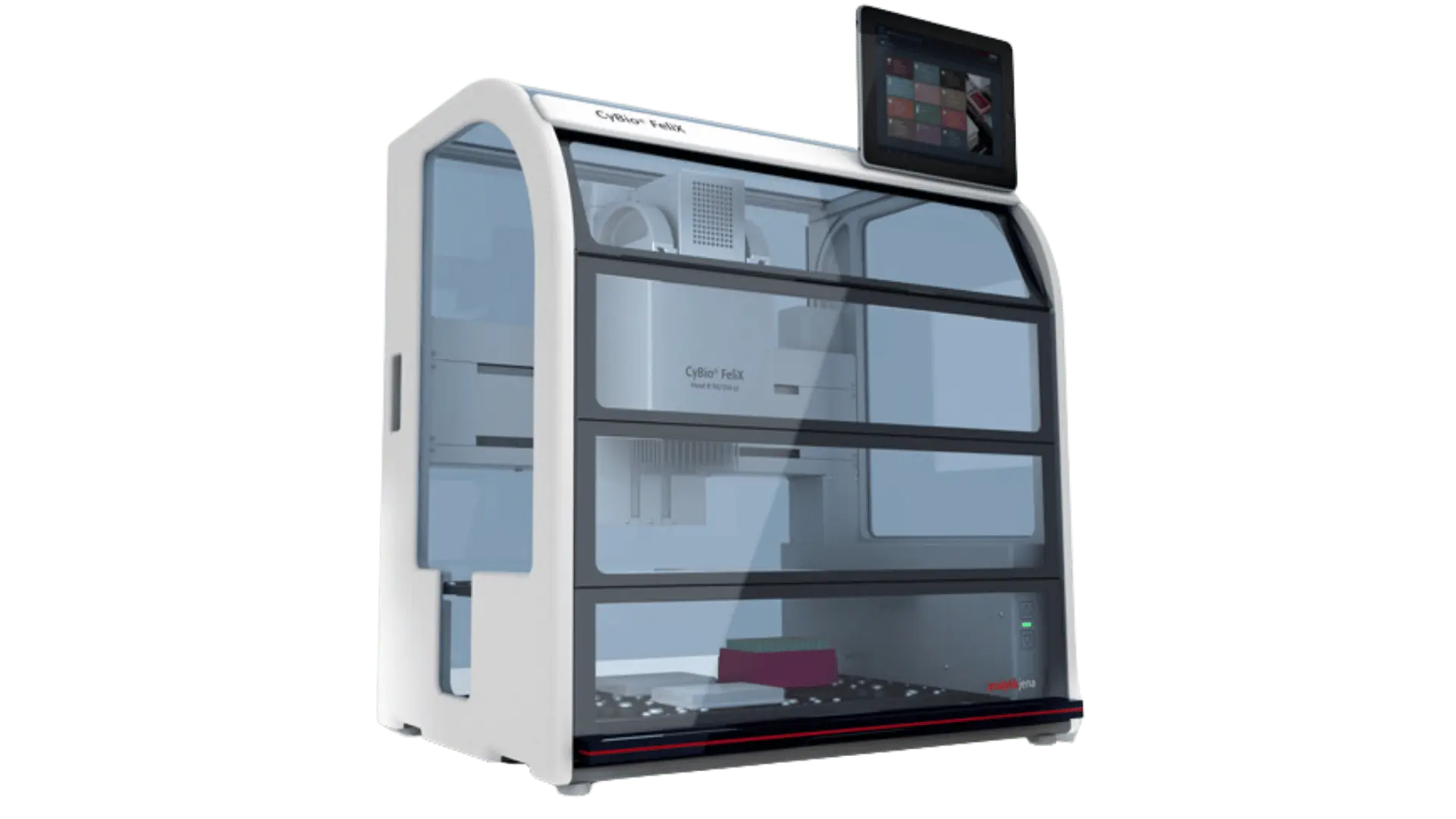 Automate de pipetage CyBio Felix avec écran tactile, compartiments transparents et plateaux intérieurs pour précision et efficacité en laboratoire.