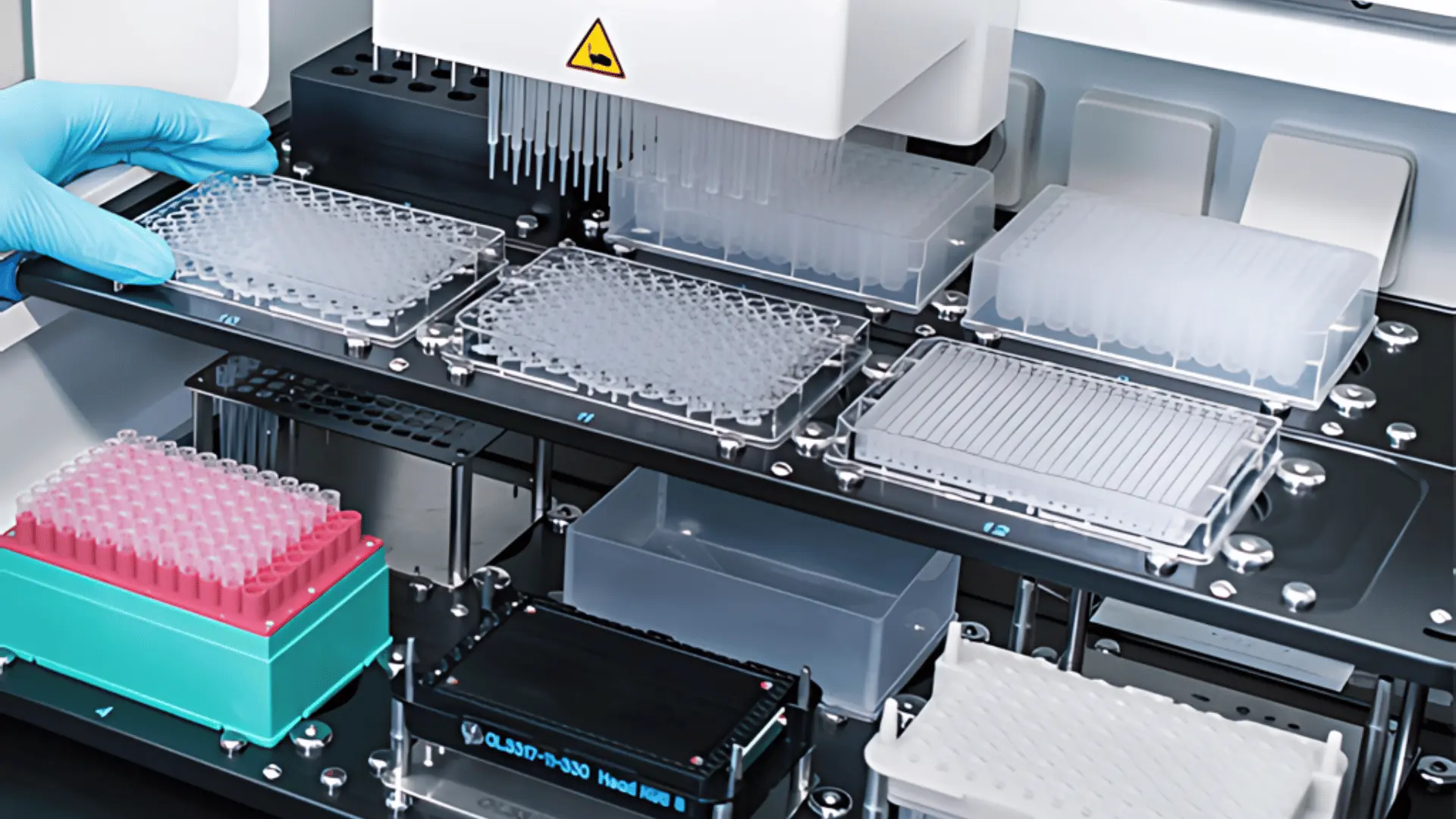 Dispositif de pipetage automatisé en laboratoire avec plaques à puits, embouts de pipette et main gantée interagissant avec l’appareil.