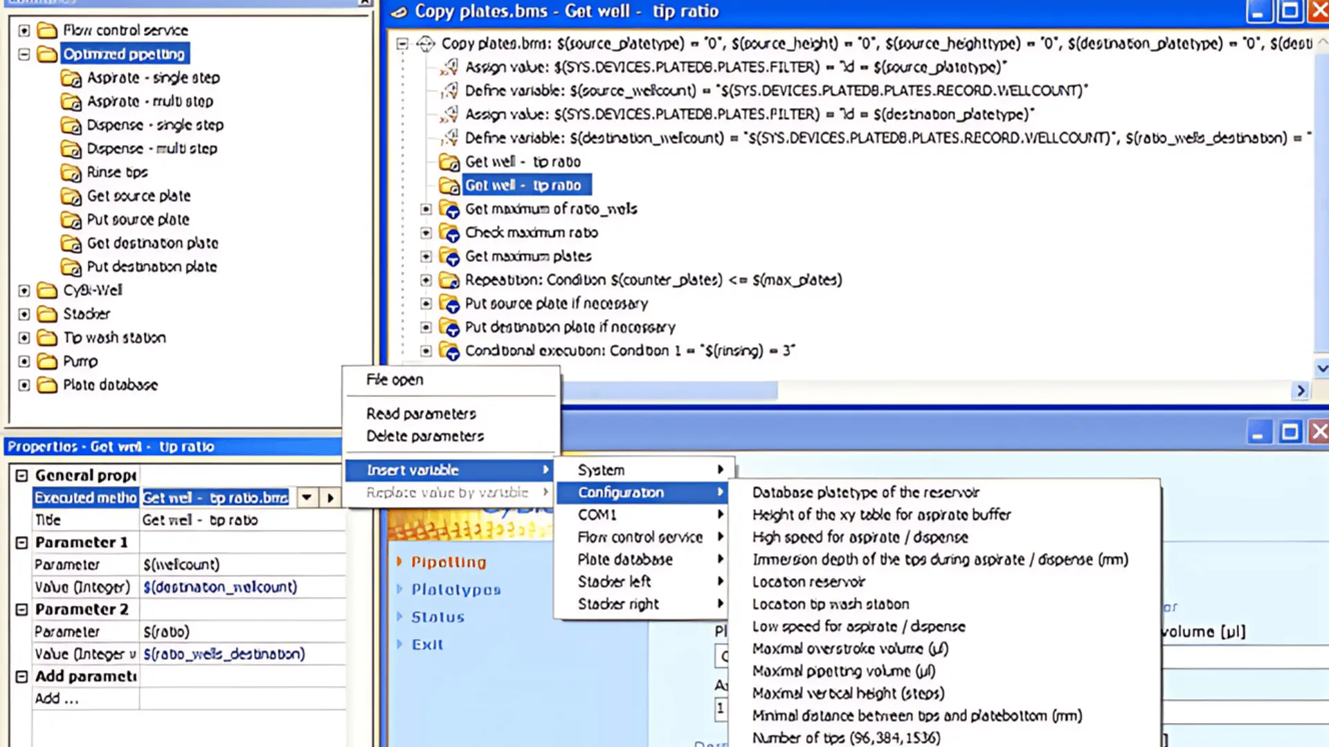 Screenshot of software interface showing a hierarchical workflow menu on the left with sections like Flow control service, Optimized pipetting, CyBio-Well, Stacker, to wash station, Pump, and Plate database; the main window displays a script for 'Copy plates.bms' with commands and variables related to well tip ratio; a properties pane below shows parameters for 'Get well - tip ratio' with variables and values; a context menu is open offering options to insert variables under categories like System and Configuration with detailed configuration options visible.
