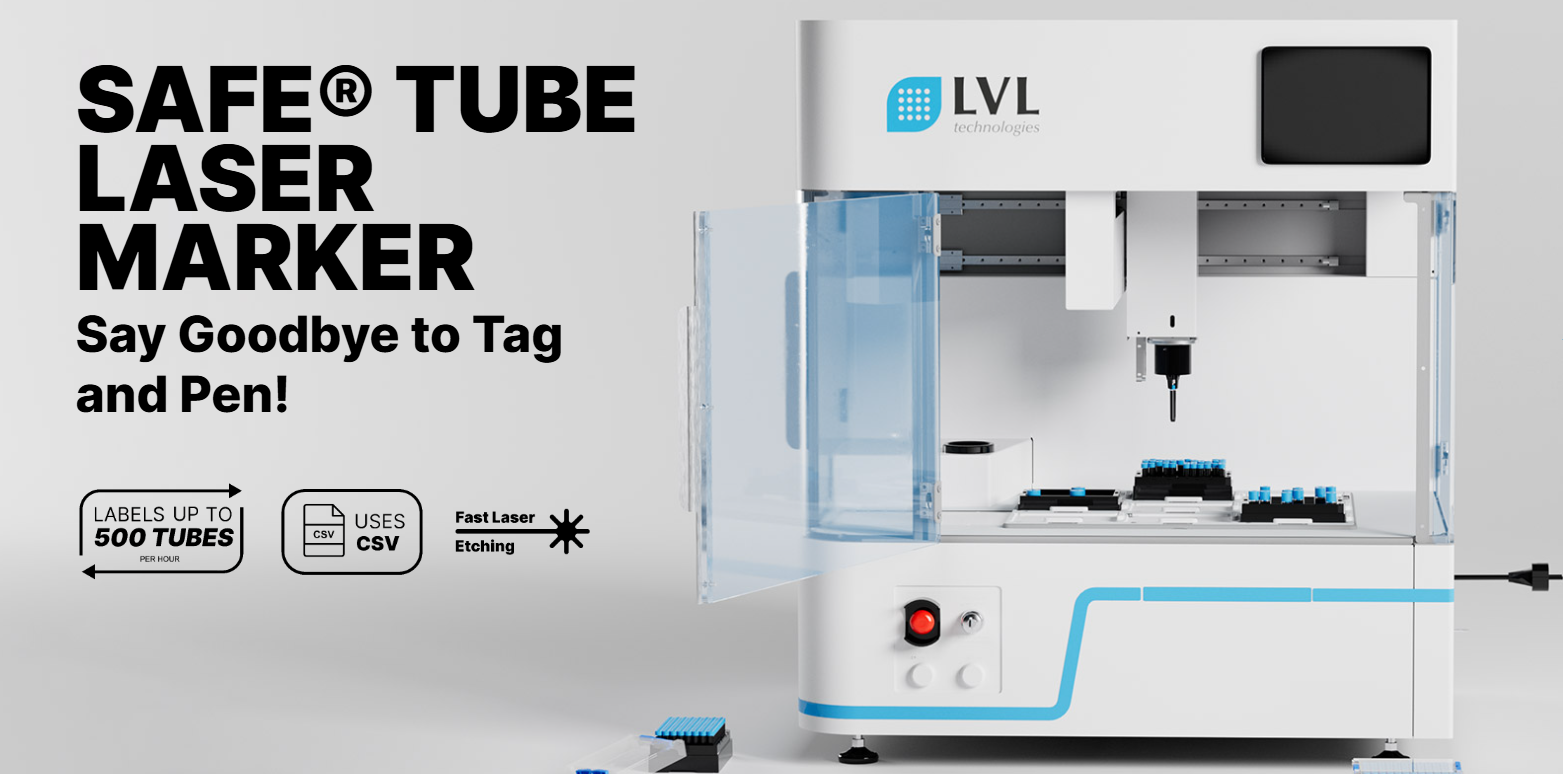 Machine Safe® Tube Laser Marker by LVL Technologies with open transparent door, showing tubes inside for precise laser coding, featuring fast laser etching, labeling up to 500 tubes per hour and CSV data use.