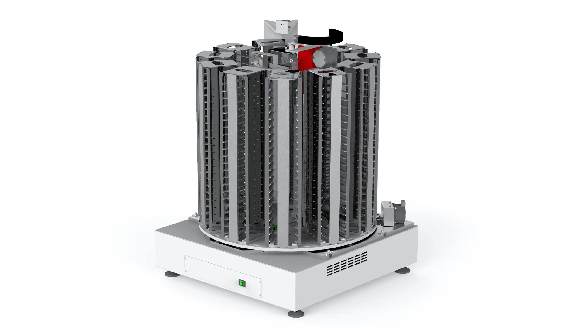 Dispositif de stockage circulaire automatisé pour plaques, équipé de multiples compartiments verticaux en métal sur une base rectangulaire, destiné aux grandes intégrations industrielles.