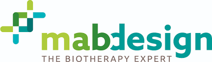 Logo de MabDesign avec un symbole graphique composé de formes géométriques vertes et turquoise, accompagné du texte MabDesign et du slogan "The Biotherapy Expert".