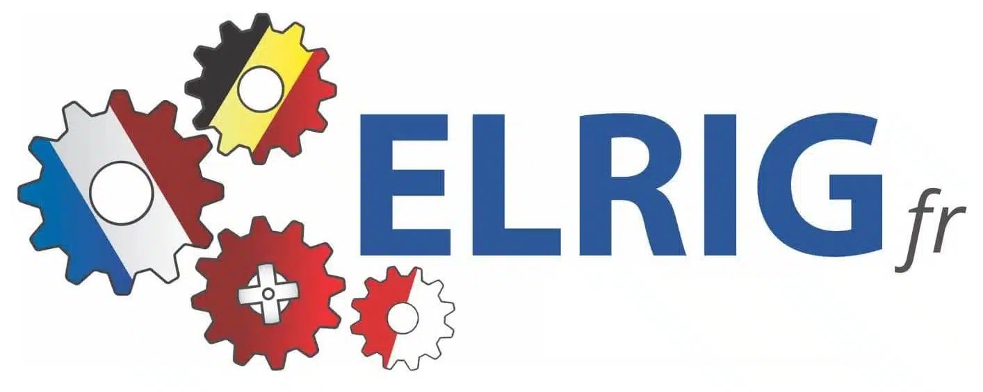 Logo ELRIG fr avec quatre engrenages de différentes tailles décorés des drapeaux de la France et de la Belgique à gauche du texte.