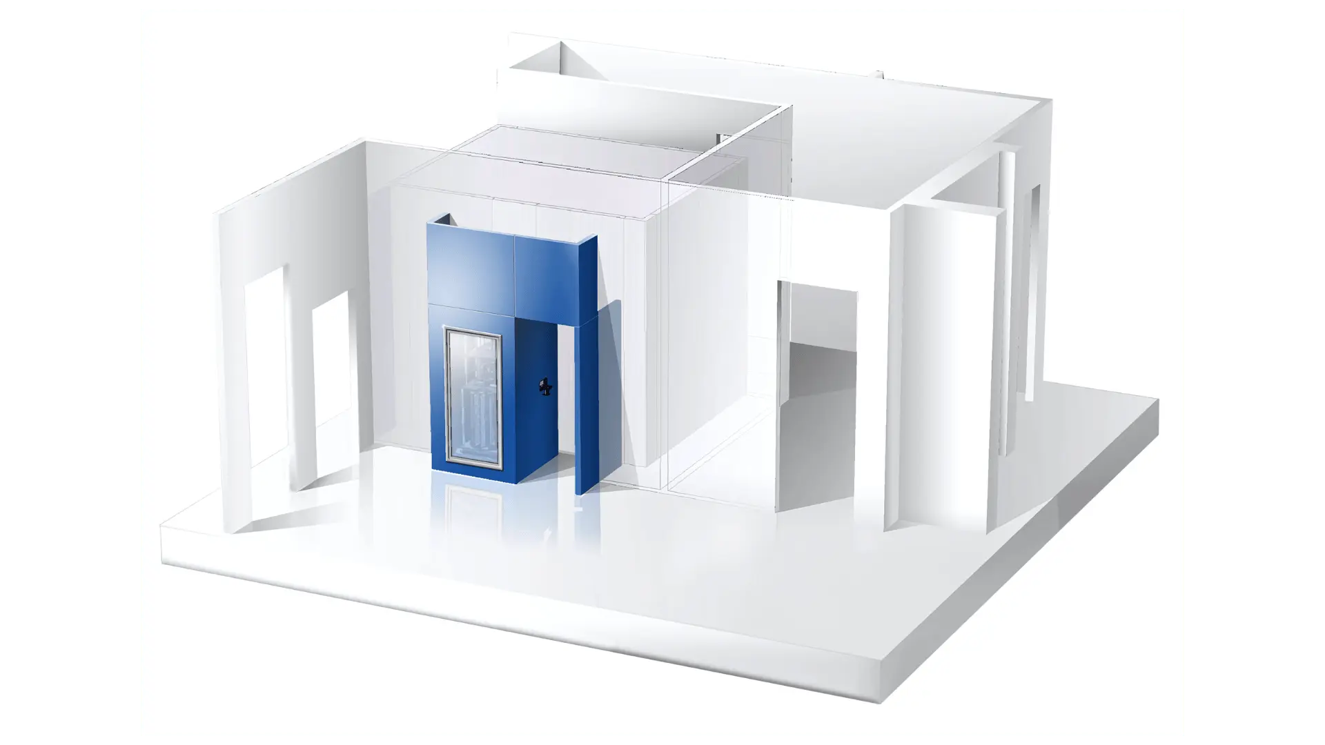 Modèle 3D d'un système de rangement modulaire plasma bleu avec porte ouverte, placé à l'intérieur d'une structure blanche minimaliste.