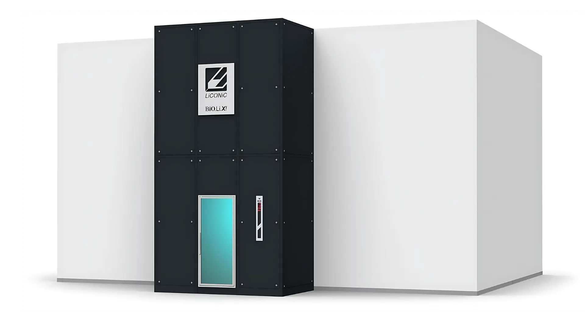 Un grand appareil noir et blanc avec une porte bleue translucide et un panneau de contrôle, marqué LiCONiC BiOLi.X, utilisé pour le stockage automatisé de plasma dans les banques de sang et centres de plasma.