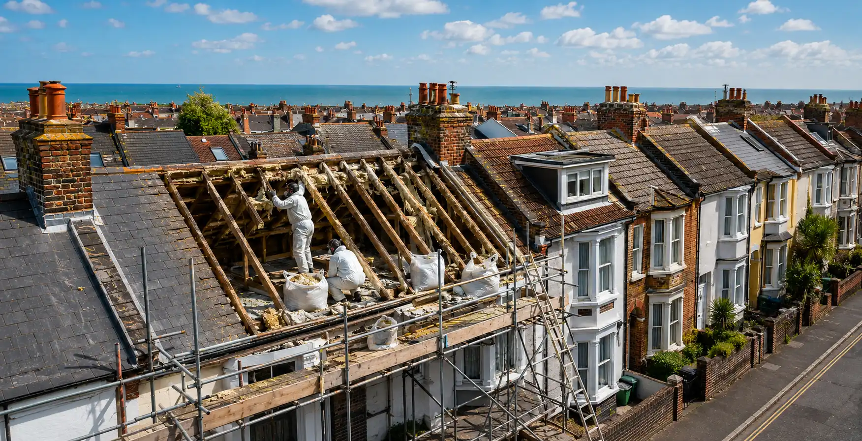 Portsmouth is the most densely built city in England outside London, and its roofs show it. Long runs of Victorian and Edwardian terrace cross Portsea Island with party walls and roof voids that carry from one house into the next. Southsea adds Georgian and Victorian villas, many split into flats since the 1970s. Foam went into that stock as a cheap heating fix, often sprayed straight onto the underside of tiles where the sarking felt had already failed. Salt air is the second factor. Homes near the seafront take more airborne moisture than anything inland, and a roof sealed with foam holds that damp against the timber instead of venting it. The decay we uncover here is often further along than the age of the foam alone would explain. On a terrace, where the structure continues into next door, a valuer who cannot see the rafters has more reason to decline than on a detached house. We survey first, map how far the foam runs, and agree scaffold and access before anything is cut.