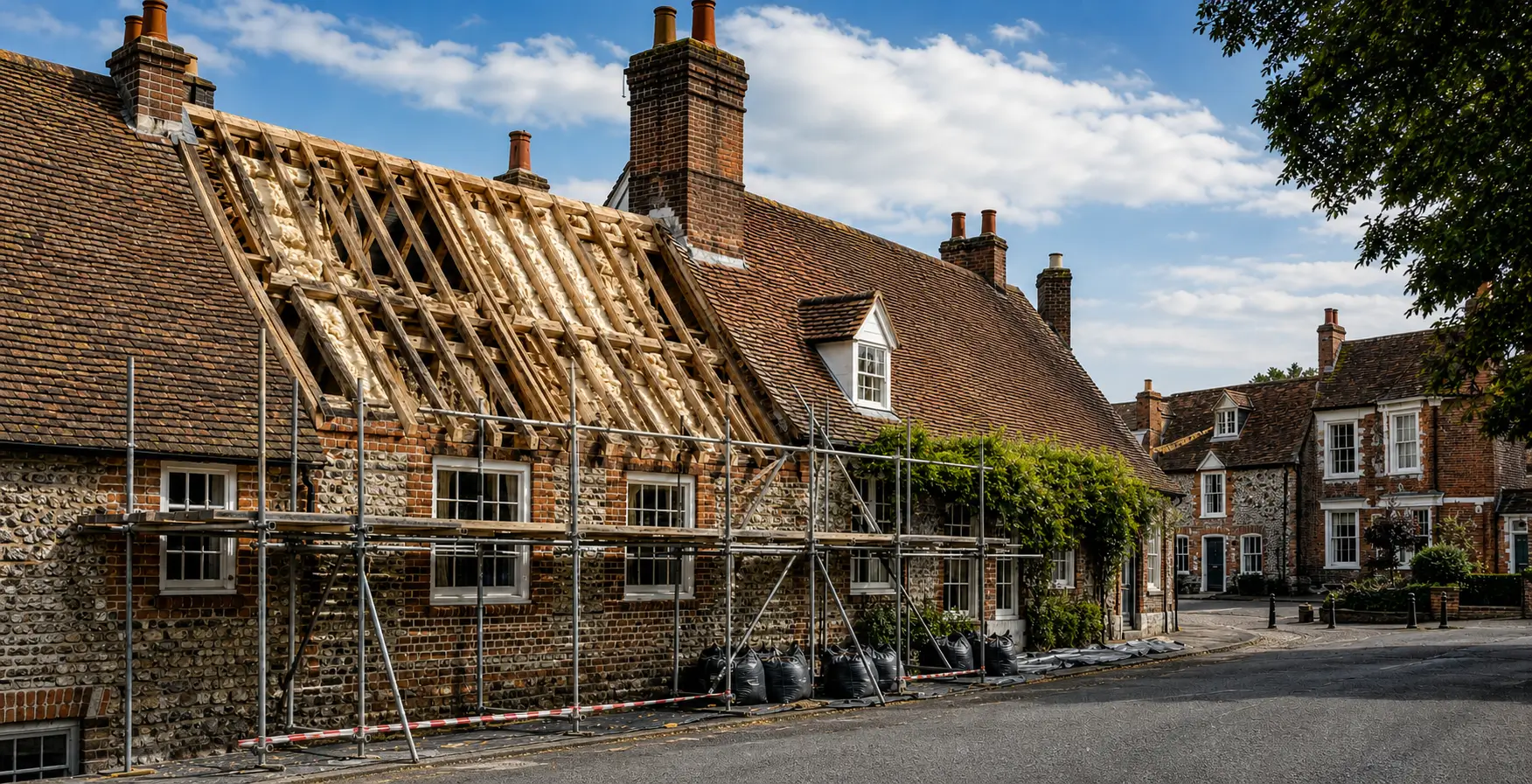 Wickham's square is among the finest in England and much of the housing round it is listed. We clear foam off historic roofs by hand, with the paperwork your survey needs.