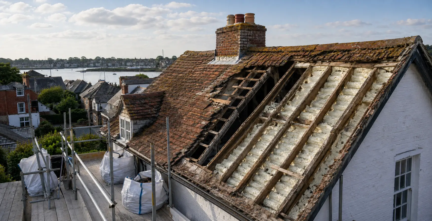 Emsworth's harbourside cottages face salt air and old timber in the same roof. We work the foam off by hand and log the moisture evidence your surveyor will want.