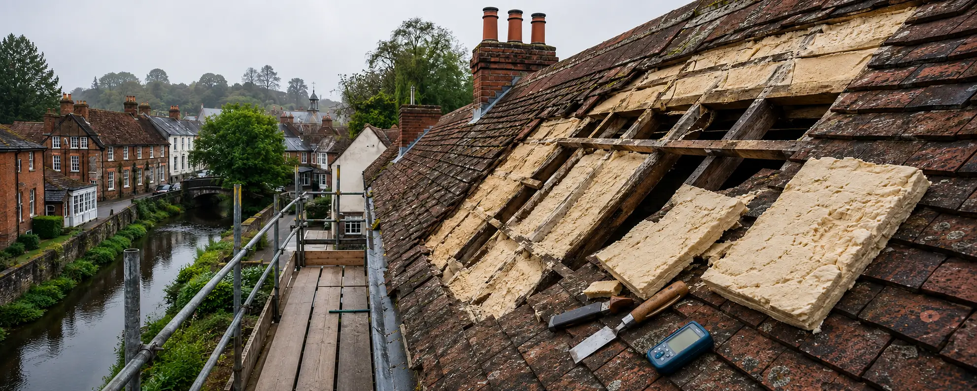 New Alresford's Georgian streets sit beside the watercress beds and the Test valley damp. We lift foam off historic roofs by hand and log moisture at every stage.