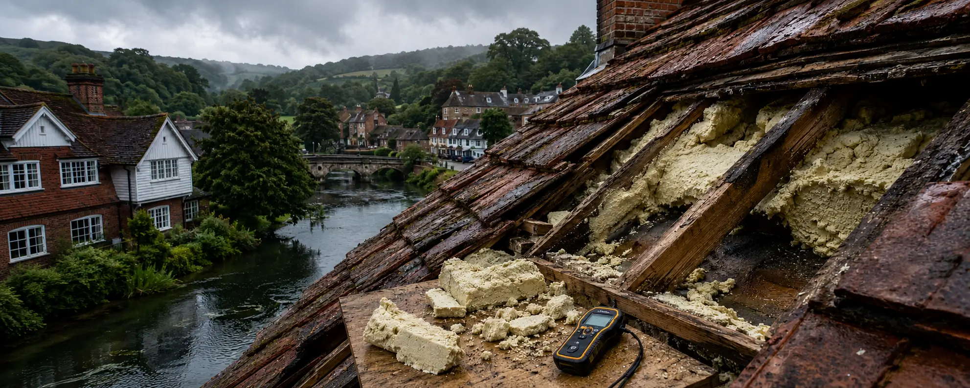 Whitchurch sits on the River Test, where valley damp makes a sealed roof worse. We take the foam off by hand and record the damp evidence your lender will want.