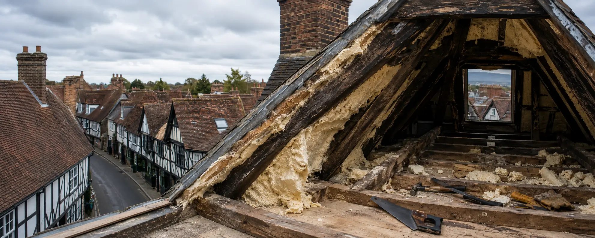 Odiham's timber-framed High Street is a conservation area, and foam on that timber is a heritage problem as well as a mortgage one. We work by hand throughout.