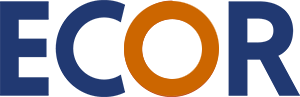 ECOR company logo with uppercase blue letters and on orange O representing copper.