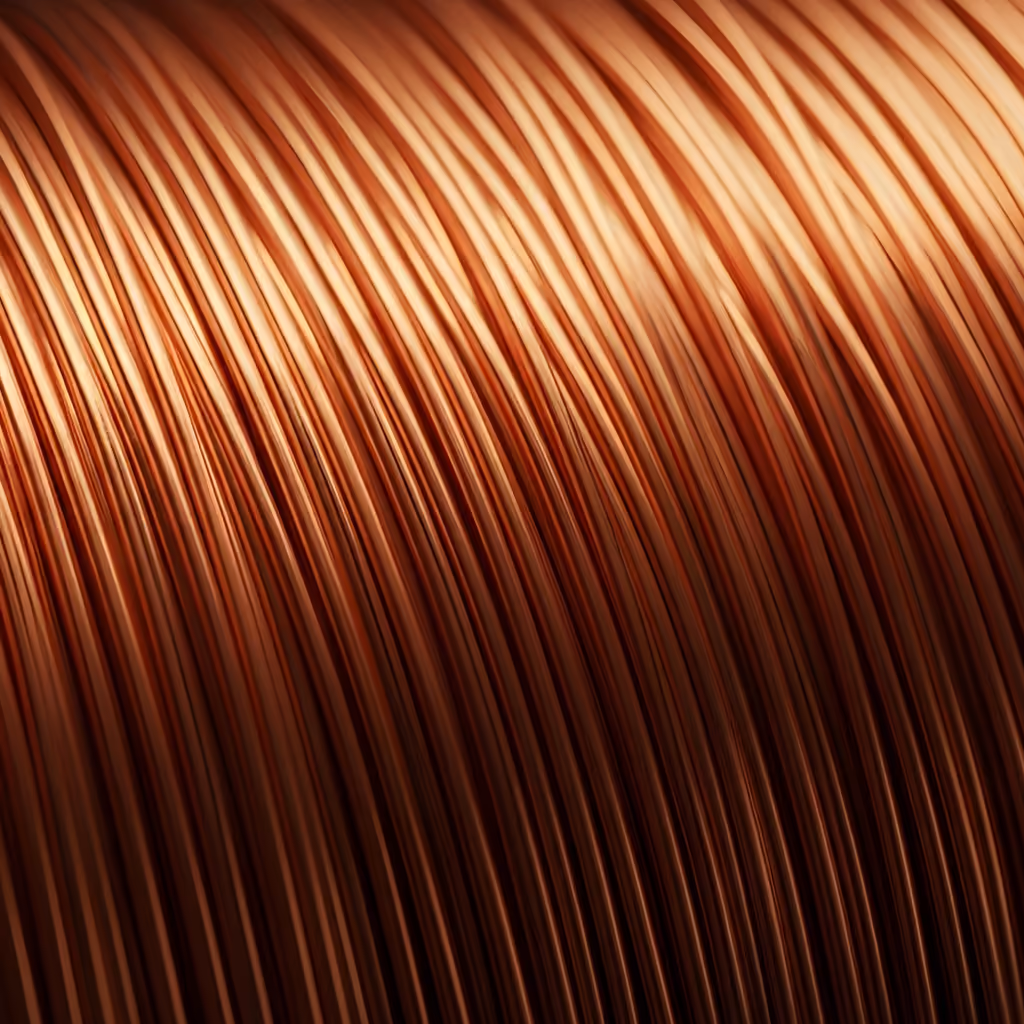 Close-up of tightly wound copper wire coils reflecting warm light.