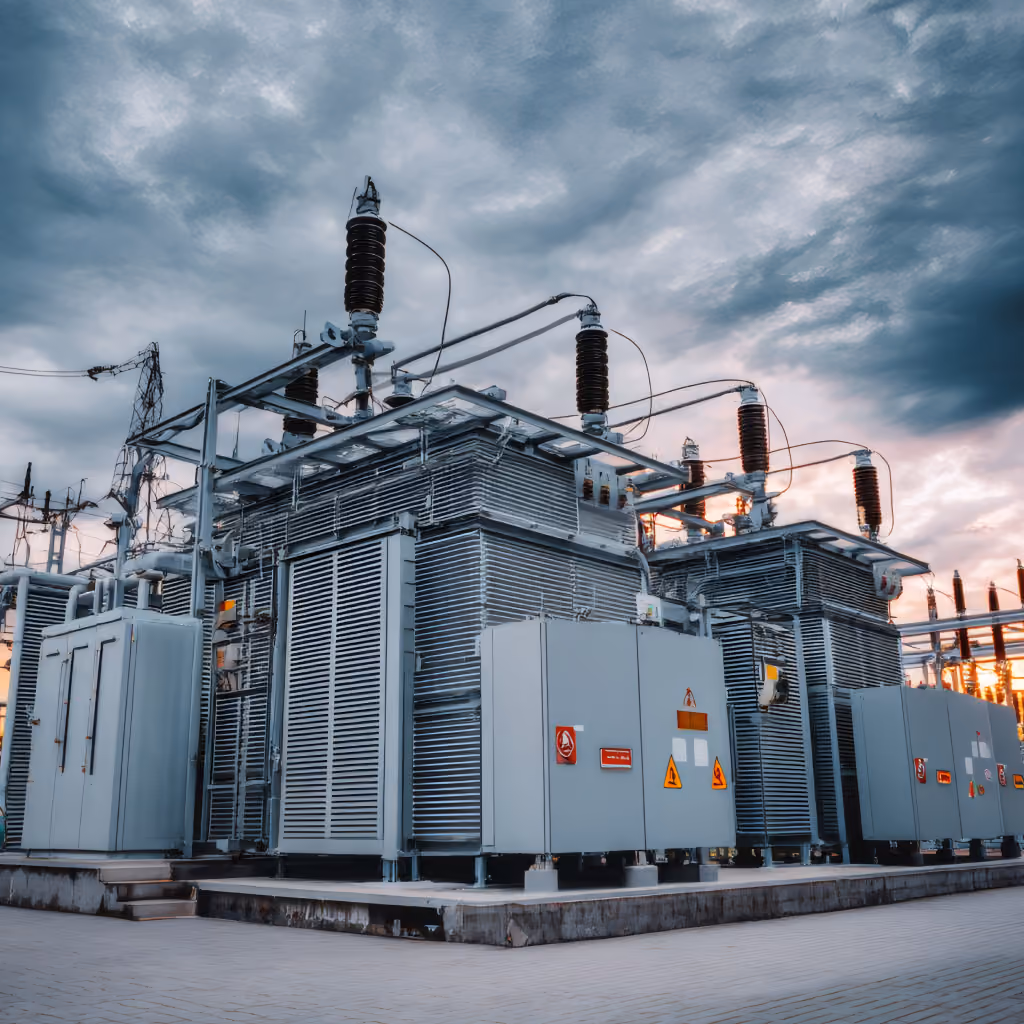 Large electrical transformers with insulators under a cloudy sky at an outdoor substation.