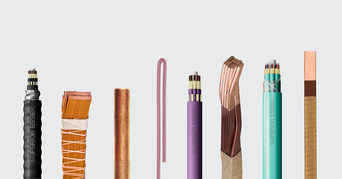 Variety of Superior Essex copper wire types with different insulations and conductor shapes on a gray background.