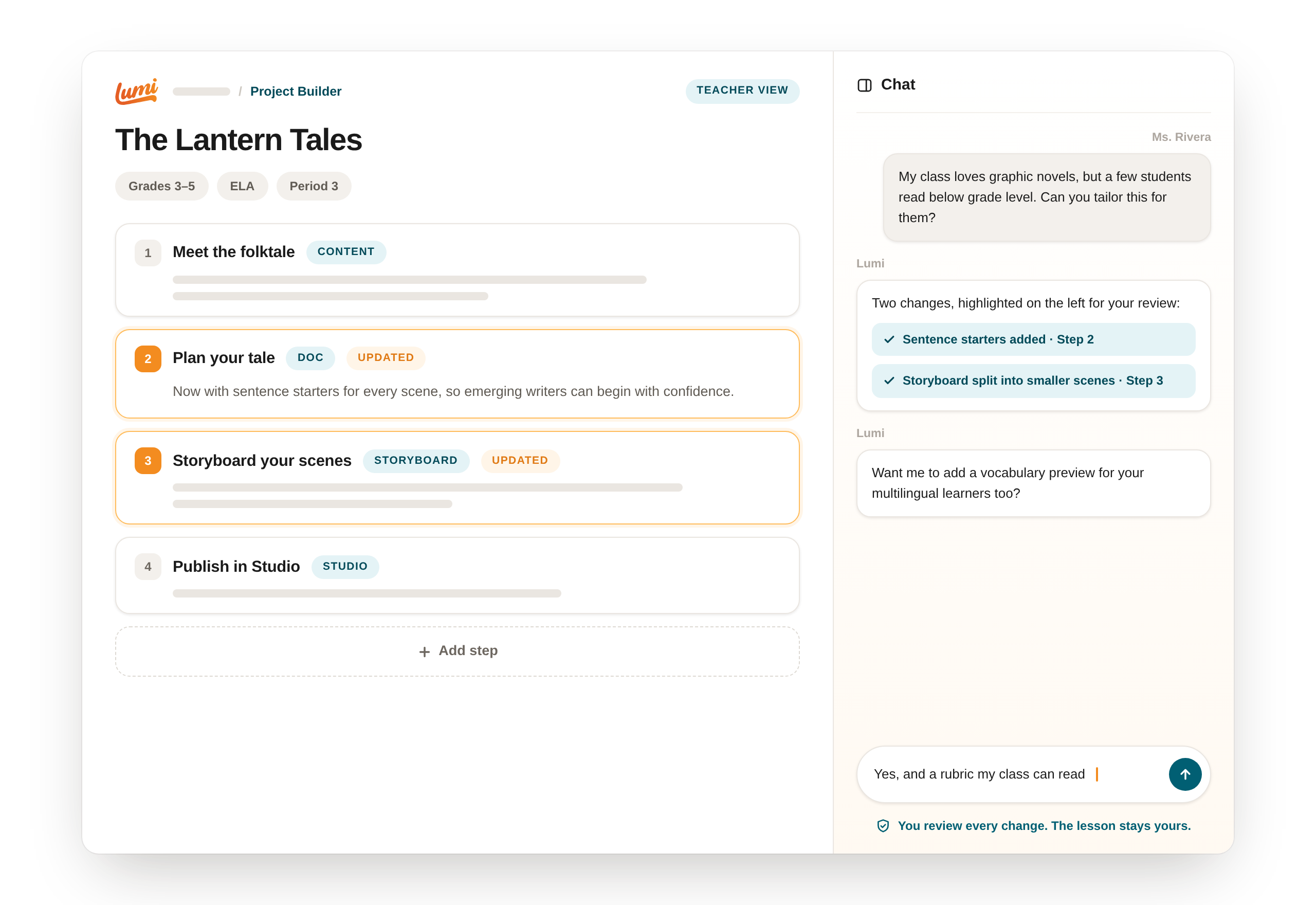 Lumi project builder showing a teacher customizing a writing project with AI assistance while keeping editorial control