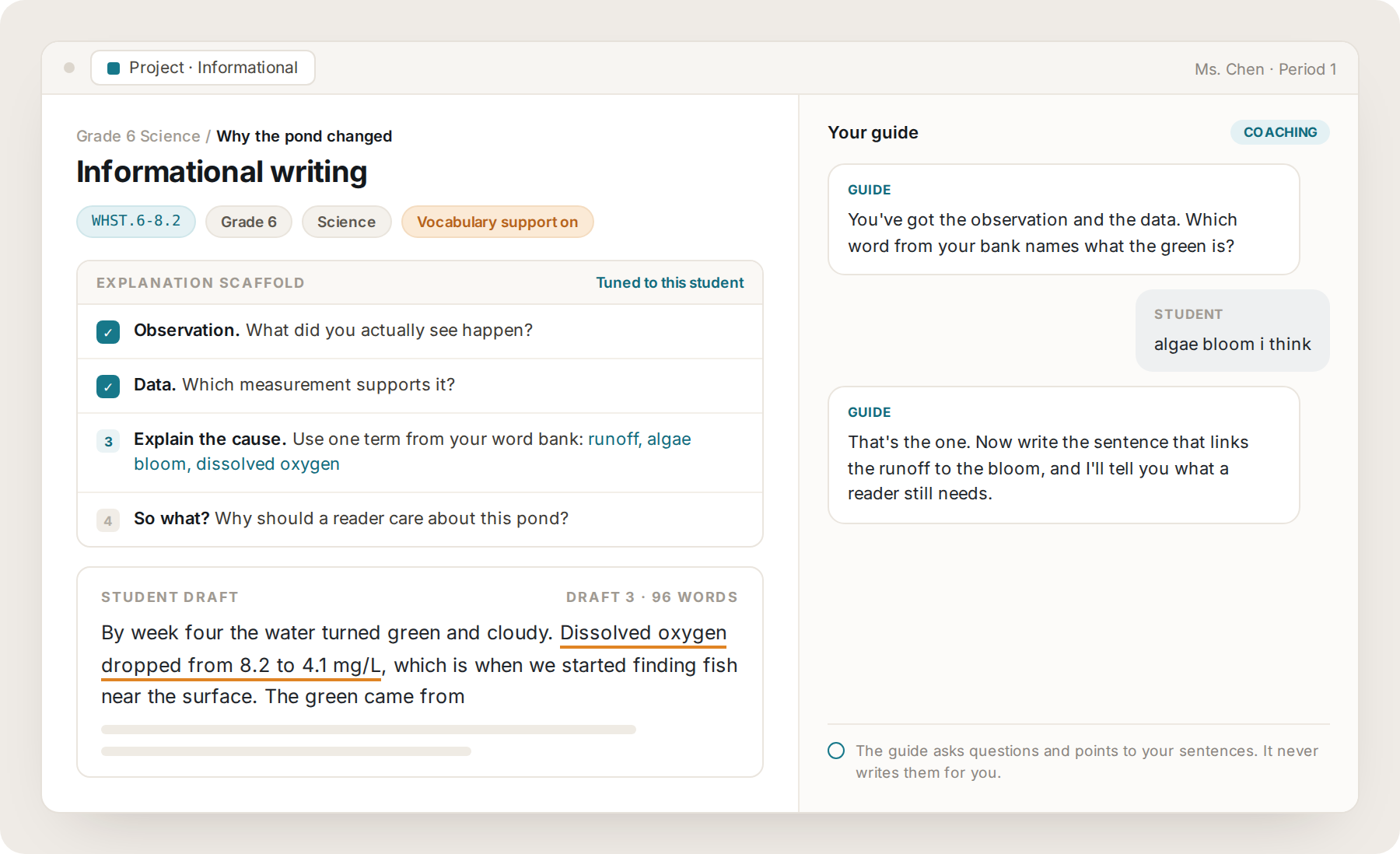 Lumi informational writing project for grade 6 science with a word bank and explanation scaffold