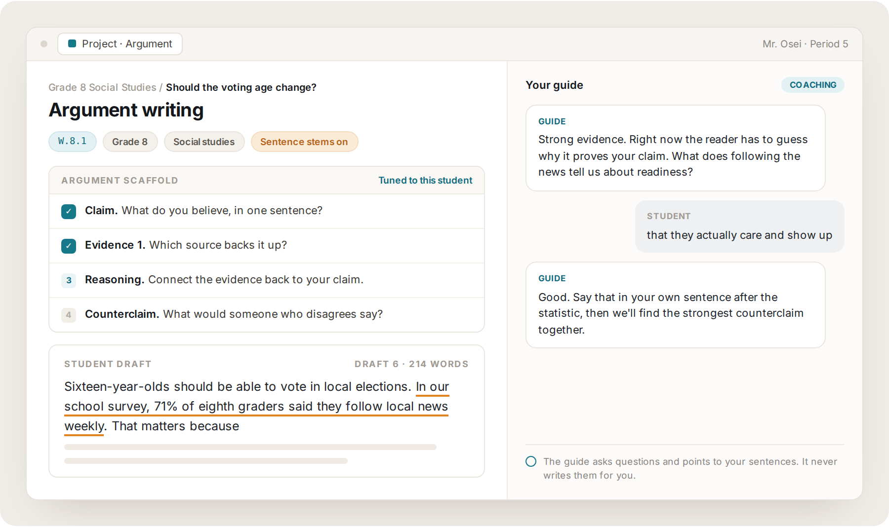 Lumi argument writing project for grade 8 social studies with claim and evidence scaffolding