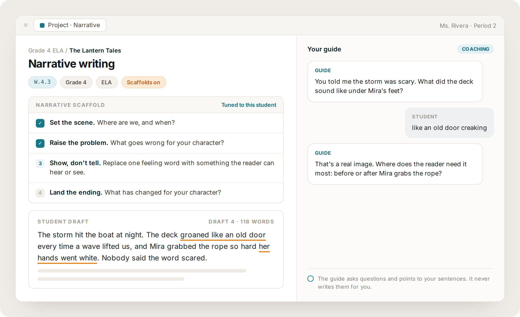 Lumi narrative writing project for grade 4 ELA with a scene-building scaffold and coaching chat