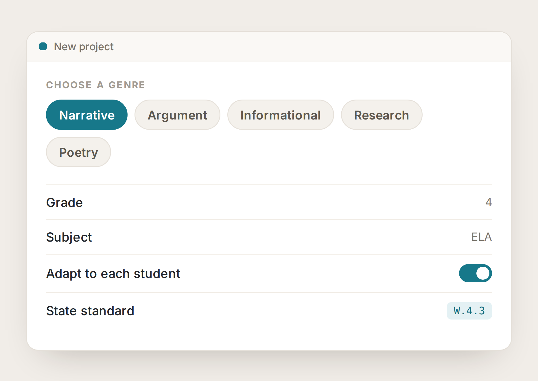 Lumi new project setup showing writing genre options, grade, subject, per-student adaptation and a state standard