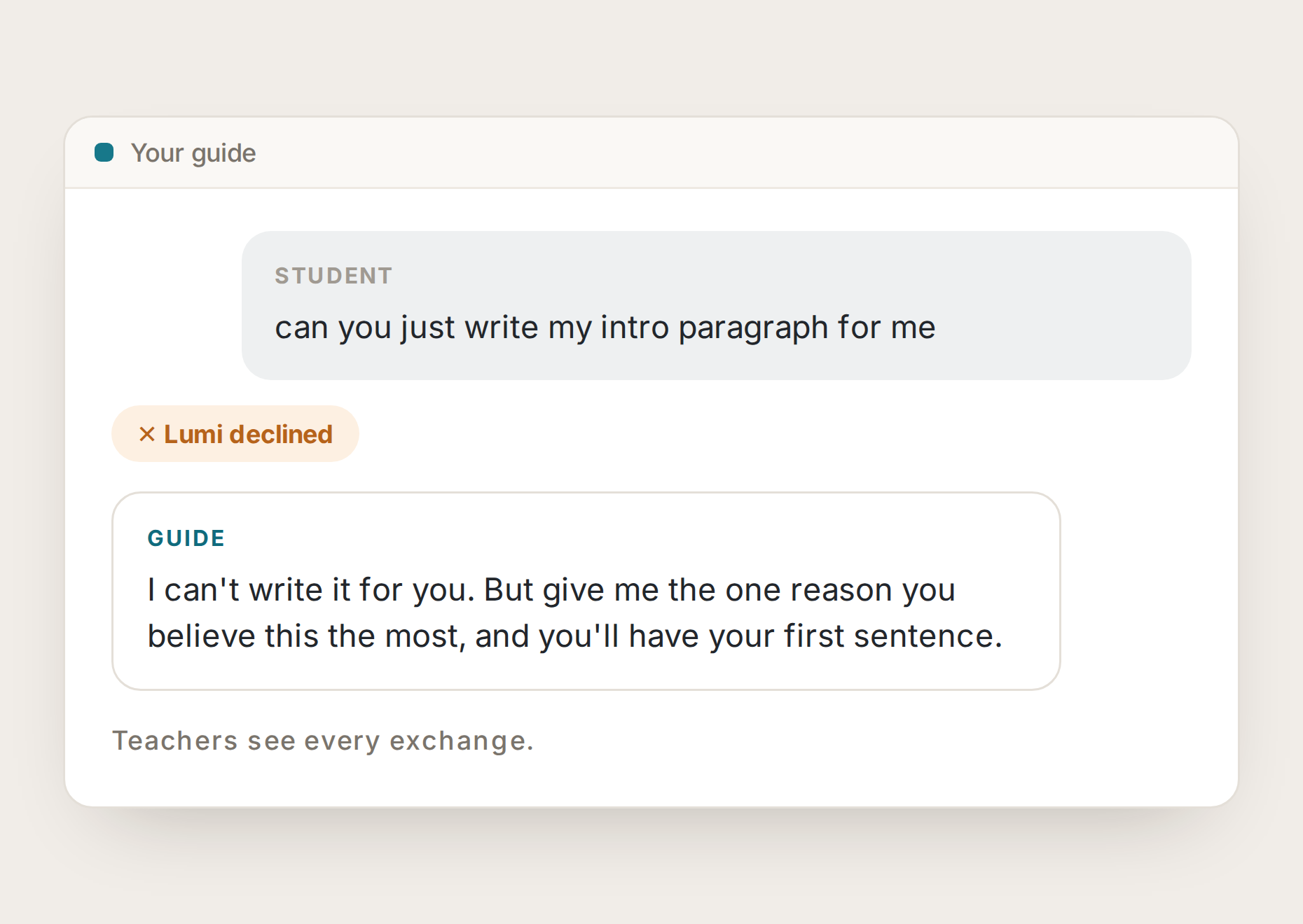 Lumi guide declining a student request to write their intro paragraph and asking a question instead