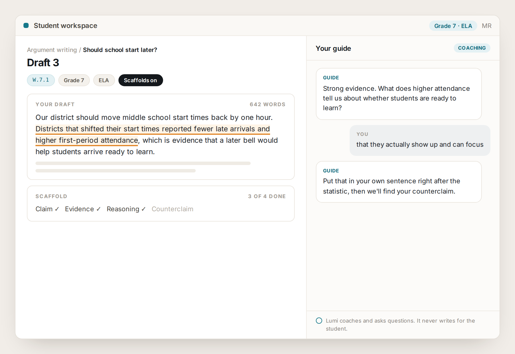 Lumi student workspace showing a draft alongside an AI guide that asks questions instead of writing