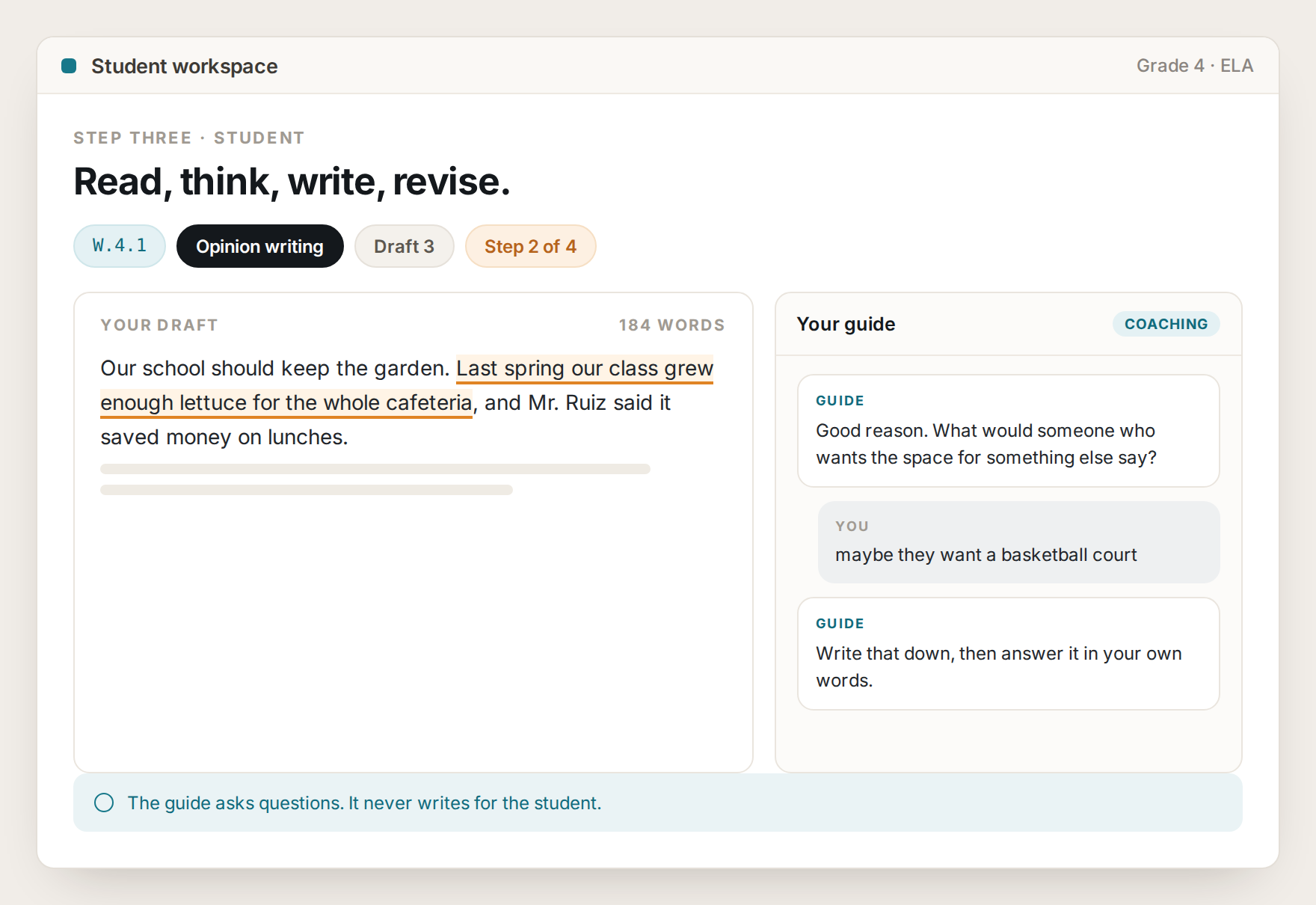 Lumi student workspace showing an opinion writing draft with the guide asking a question