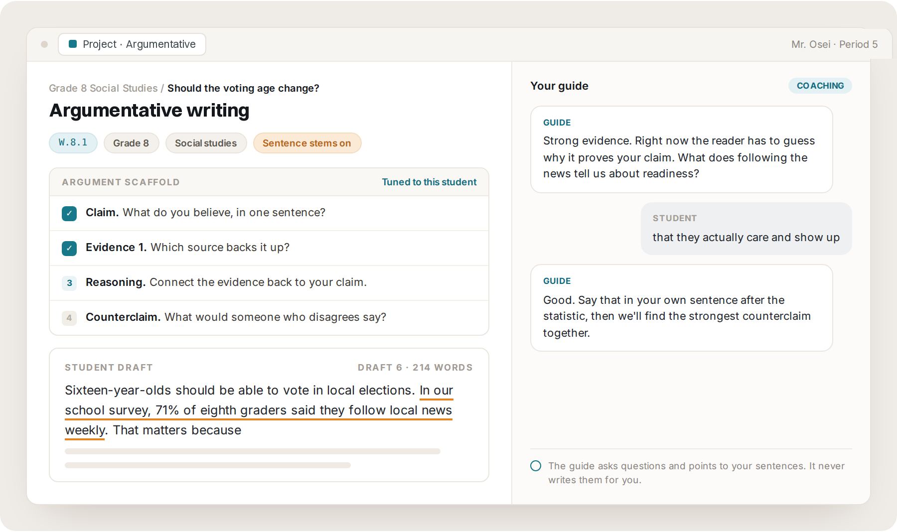 Lumi argument writing project for grade 8 social studies with claim and evidence scaffolding