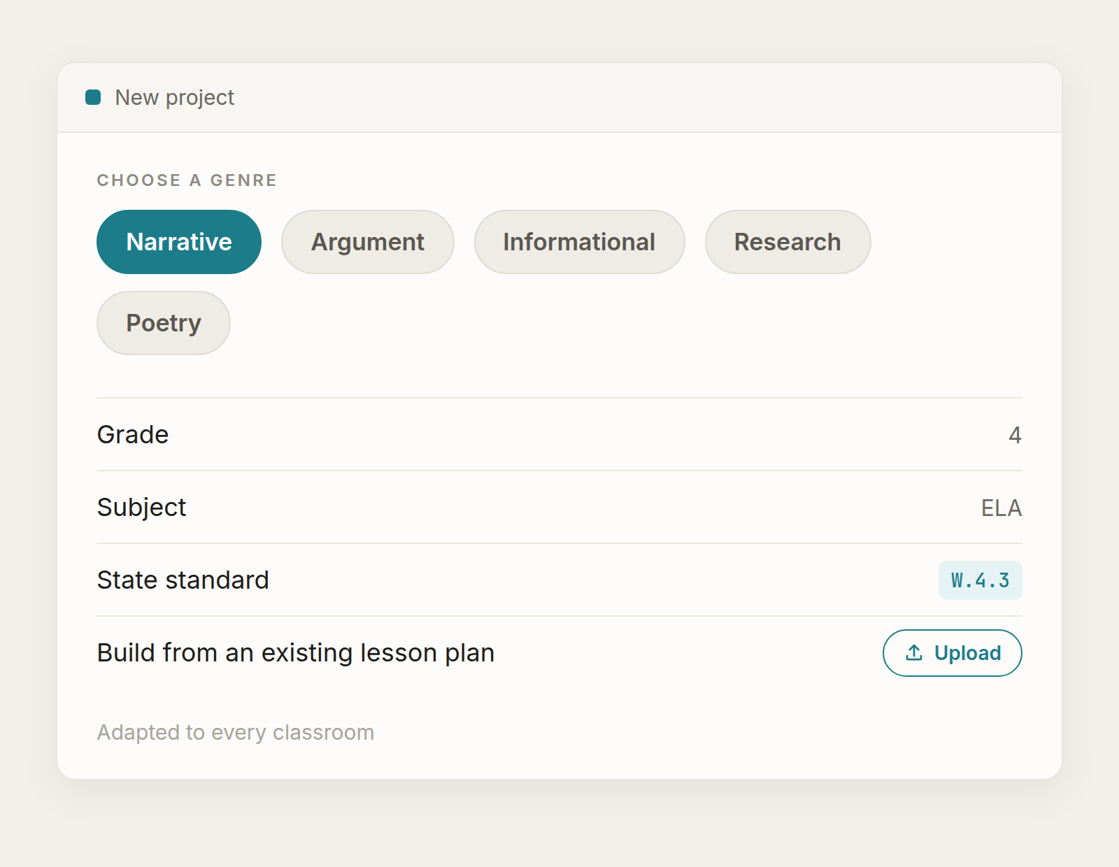 Lumi new project setup showing writing genre options, grade, subject, per-student adaptation and a state standard