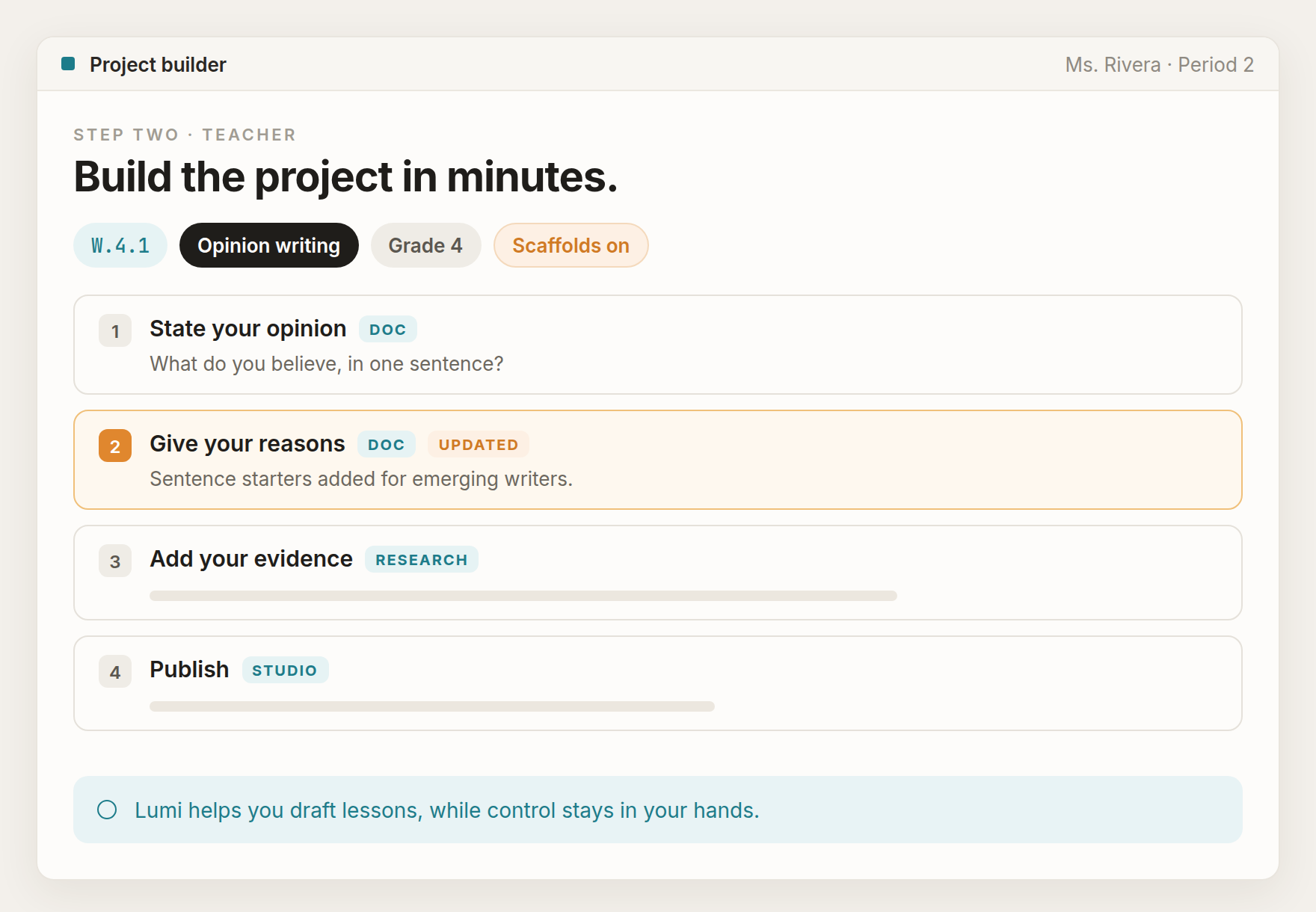 Lumi project builder showing a teacher customizing a standards-aligned writing project
