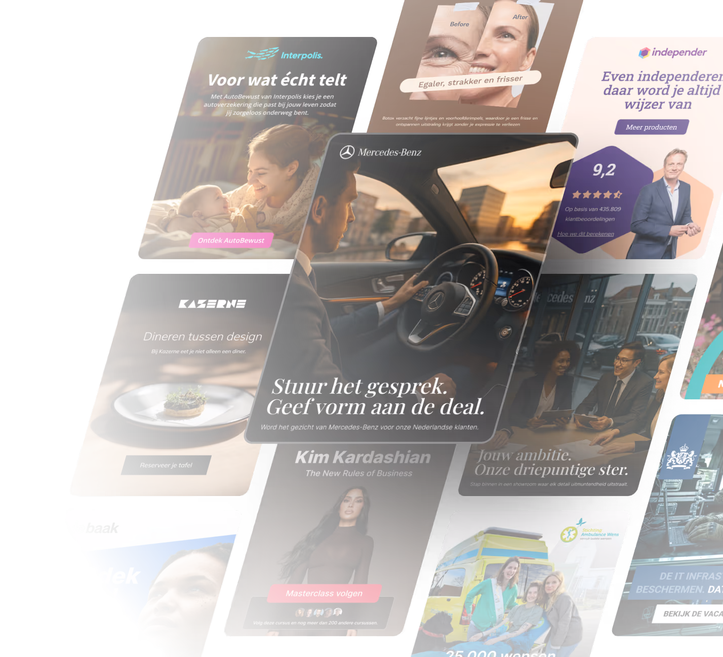 Collage of ads showing a woman with baby, man driving Mercedes, dining plate, and people in business meeting.