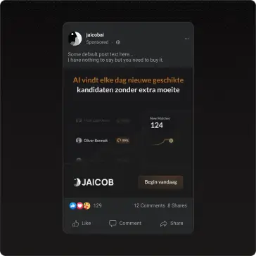 Social media ad with a dark theme promoting recruitment, showing 124 new matches and engagement icons.