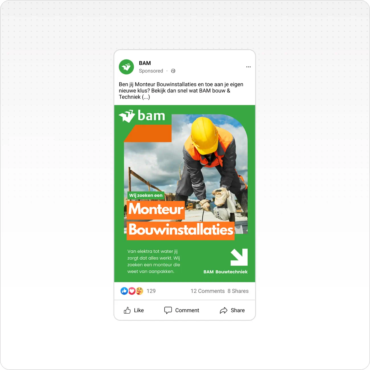 Construction worker in safety gear using a power tool, with job ad for Monteur Bouwinstallaties.