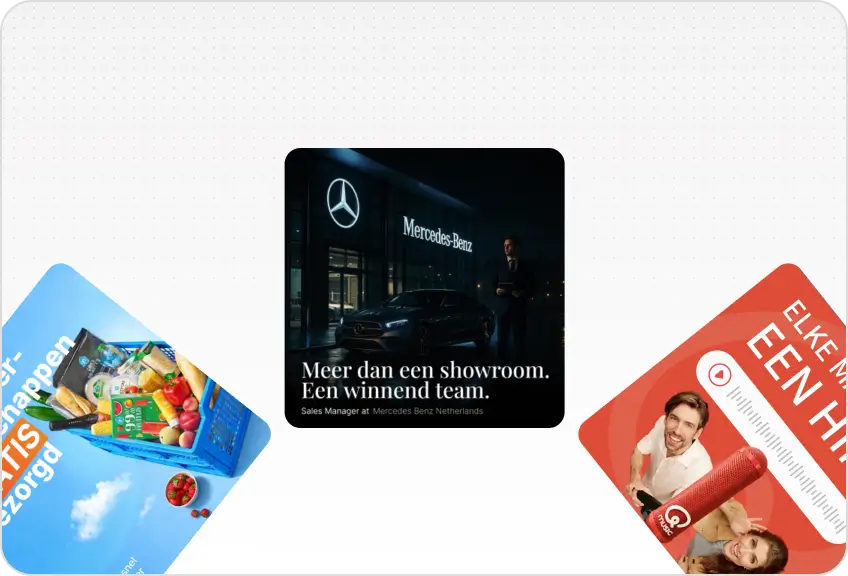 Three ads: groceries in basket on blue sky, Mercedes-Benz showroom with text, and orange ad with smiling man and woman.