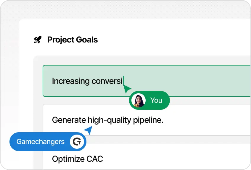 Project Goals interface with users editing goals: increasing conversion, generating pipeline, optimizing CAC.