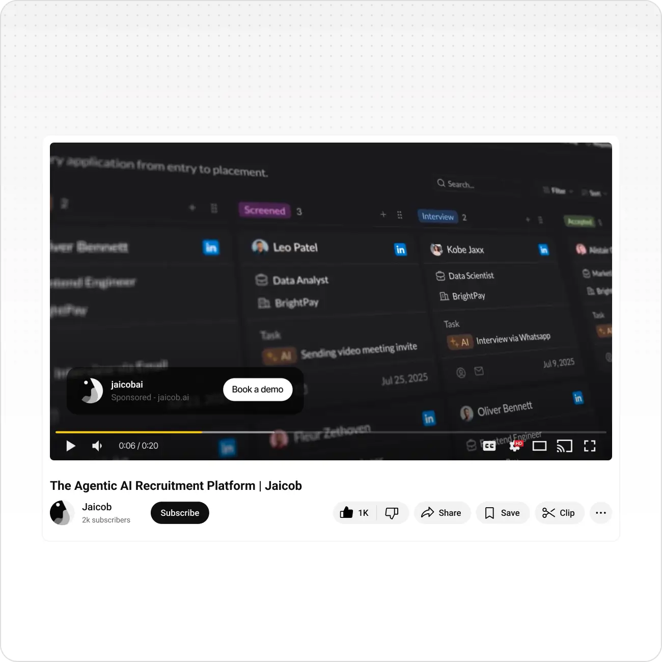 Screenshot of Jaicob AI recruitment platform video showing candidate status and interview tasks.