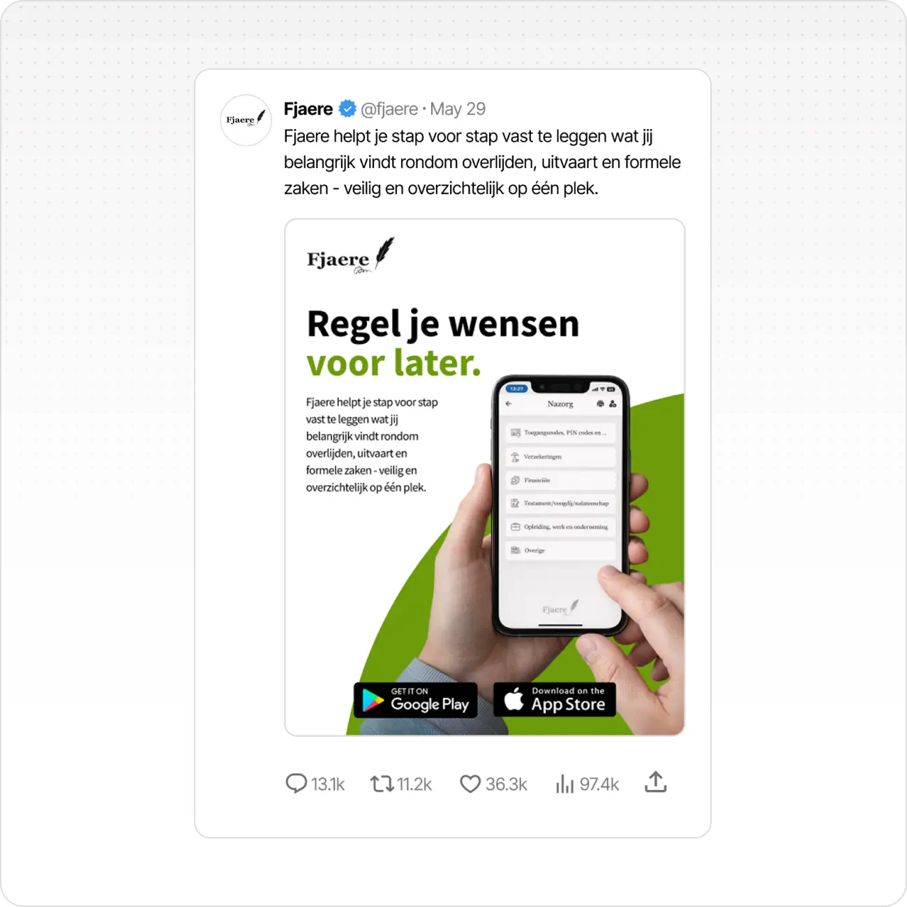 Hand holding phone showing Fjaere app for managing wishes about death, funeral, and formal matters.