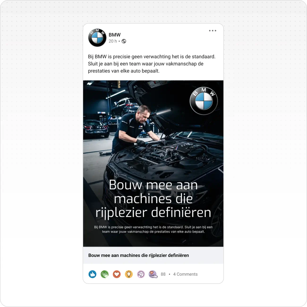 Man working on BMW car engine in a garage with message about precision and driving pleasure.