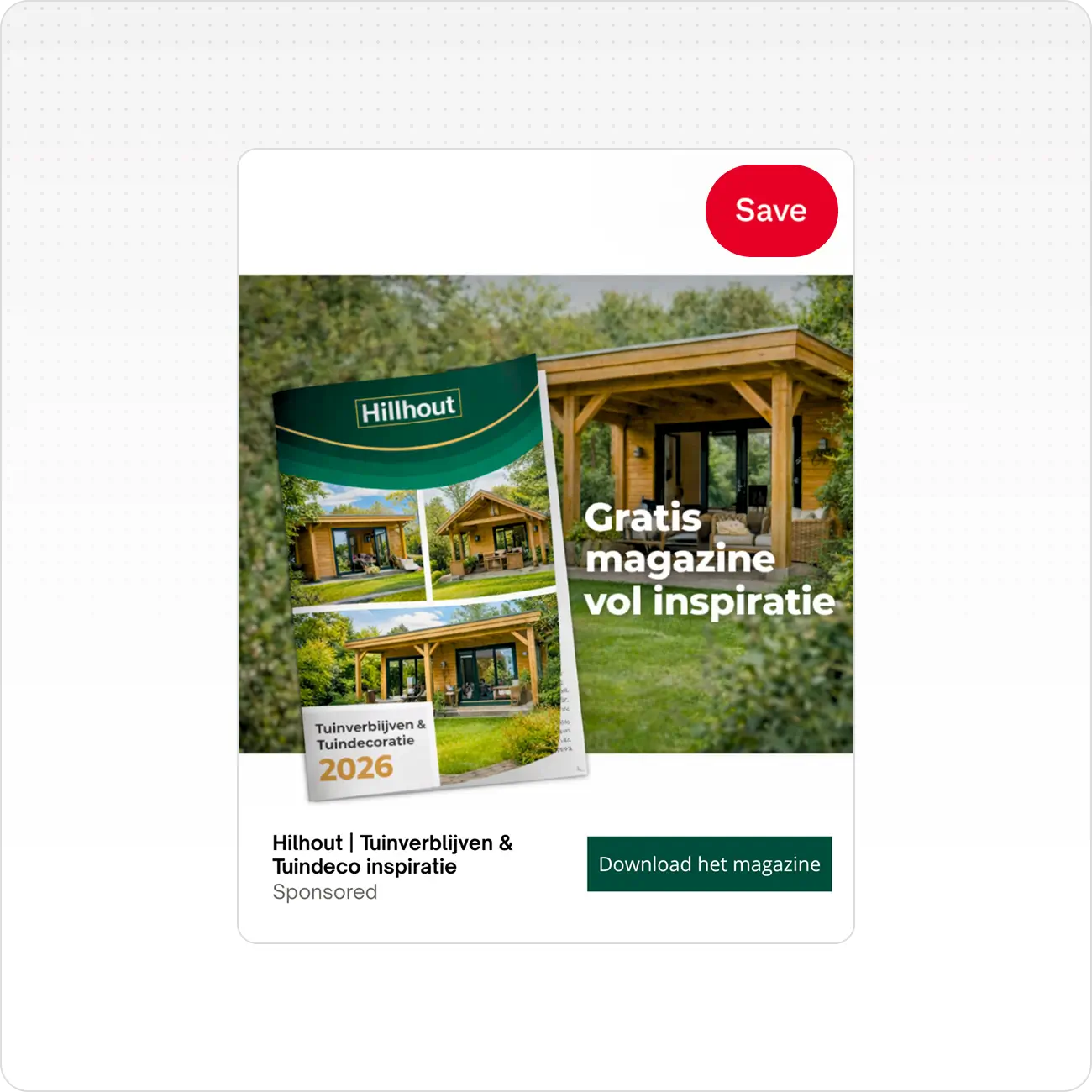 Cover of Hillhout garden buildings and decor 2026 magazine with wooden garden house images.