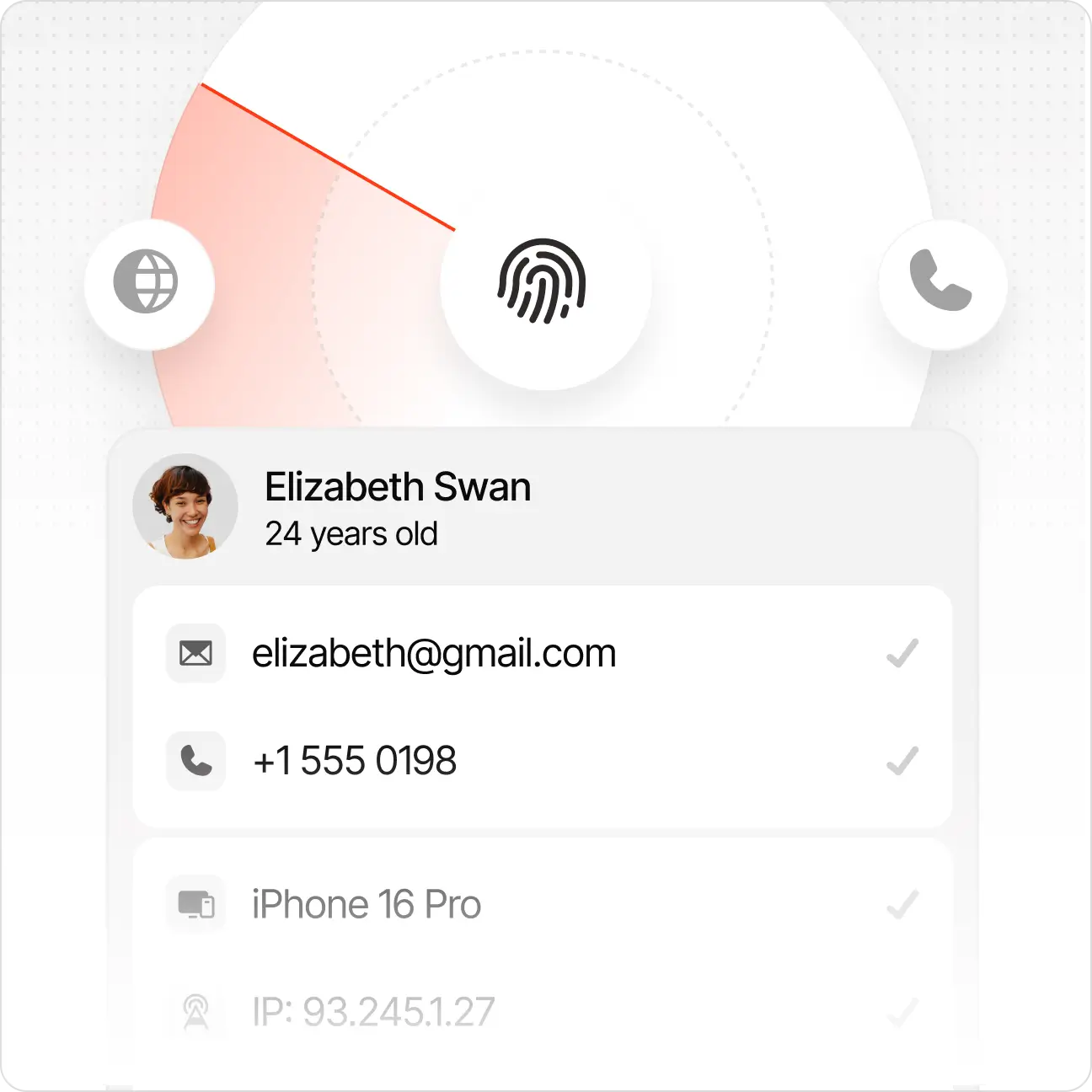 User profile of Elizabeth Swan, 24, showing email, phone number, device iPhone 16 Pro, and IP address.