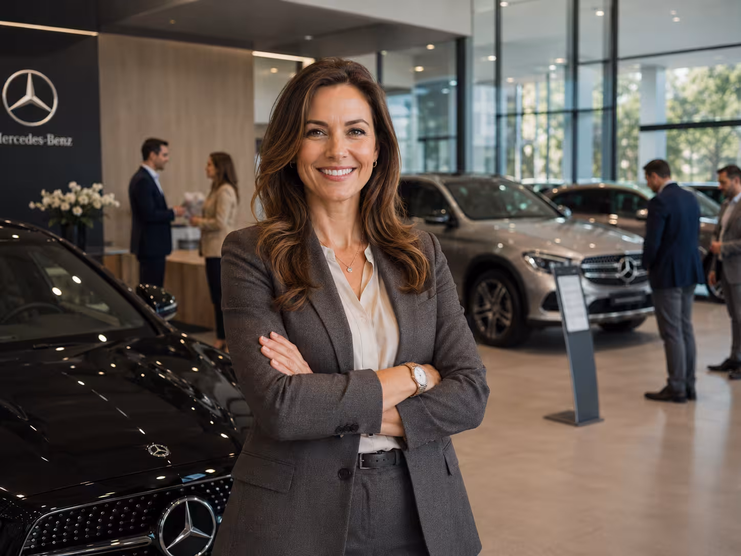 Smiling woman in grey suit standing in a Mercedes-Benz dealership with cars and customers behind her.