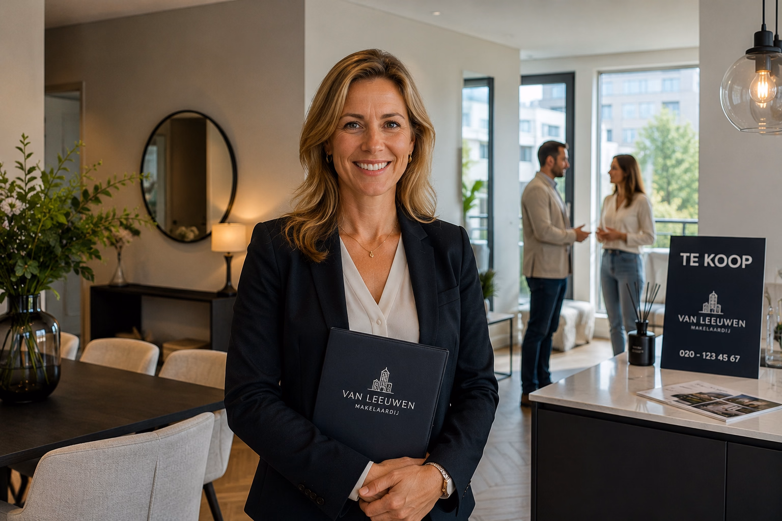 Smiling female real estate agent holding a folder in a modern home with clients talking in background.