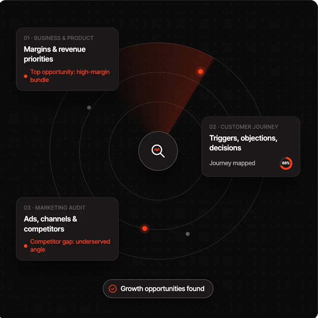 Diagram showing business, customer journey, and marketing audit with identified growth opportunities.