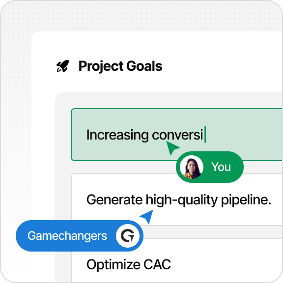 Project Goals list showing: Increasing conversion, Generate high-quality pipeline, Optimize CAC.