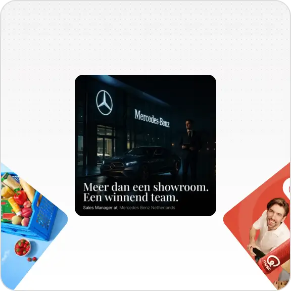 Mercedes-Benz showroom at night with car and sales manager standing nearby under brand logo.
