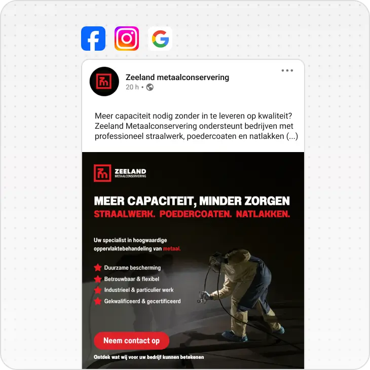 Advert for Zeeland Metaalconservering showing a worker spraying metal surface, highlighting capacity and coating services.