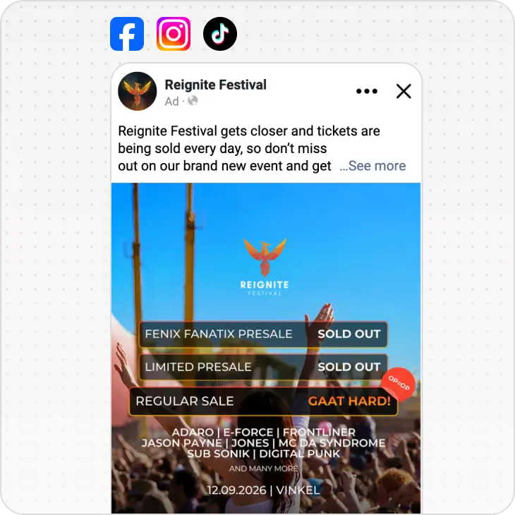 Reignite Festival ad showing sold-out presales, regular sale live, with artist lineup and event date.