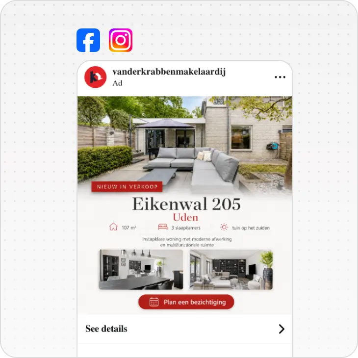 Social media ad for modern home at Eikenwal 205, Uden, showing outdoor seating and interior views.