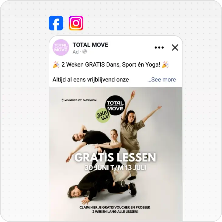 Advertisement showing four people posing in dance or yoga poses promoting free lessons from 30 June to 13 July.