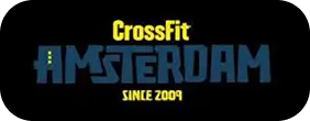 CrossFit Amsterdam logo with blue text and yellow accents, including 'Since 2009'.